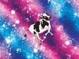 galaxy background with barbie logo and a majestic cow